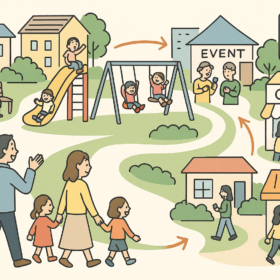 遊び場が街全体を回遊するかたちをイメージした絵