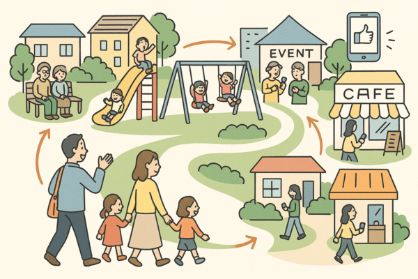 遊び場が街全体を回遊するかたちをイメージした絵