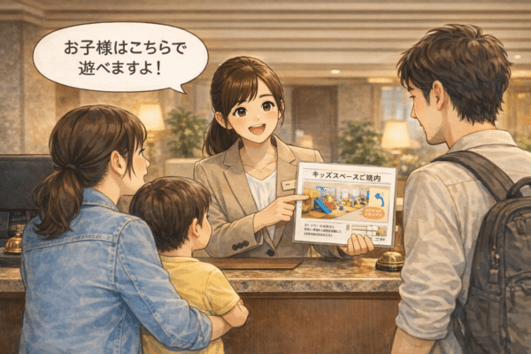 ホテルのロビーで遊び場の案内をしている様子